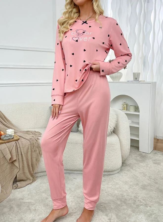 Take Two pink Love-Heart Graphic Printed T-Shirt and Pyjama Set for Women | Best Price UAE